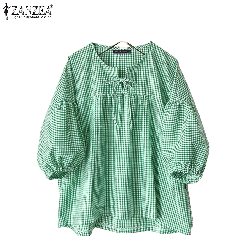 Zanzea เสื้อเบลาส์พิมพ์ลายตารางแขน 3/4 สําหรับผู้หญิงเกาหลี