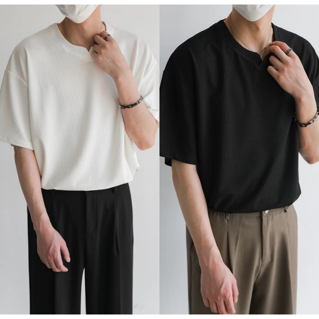 ProMan-ผู้ชายคอวีสีทึบแขนสั้น เสื้อยืดทรงหลวมสไตล์เกาหลี วาฟเฟิลด์ ลำลอง