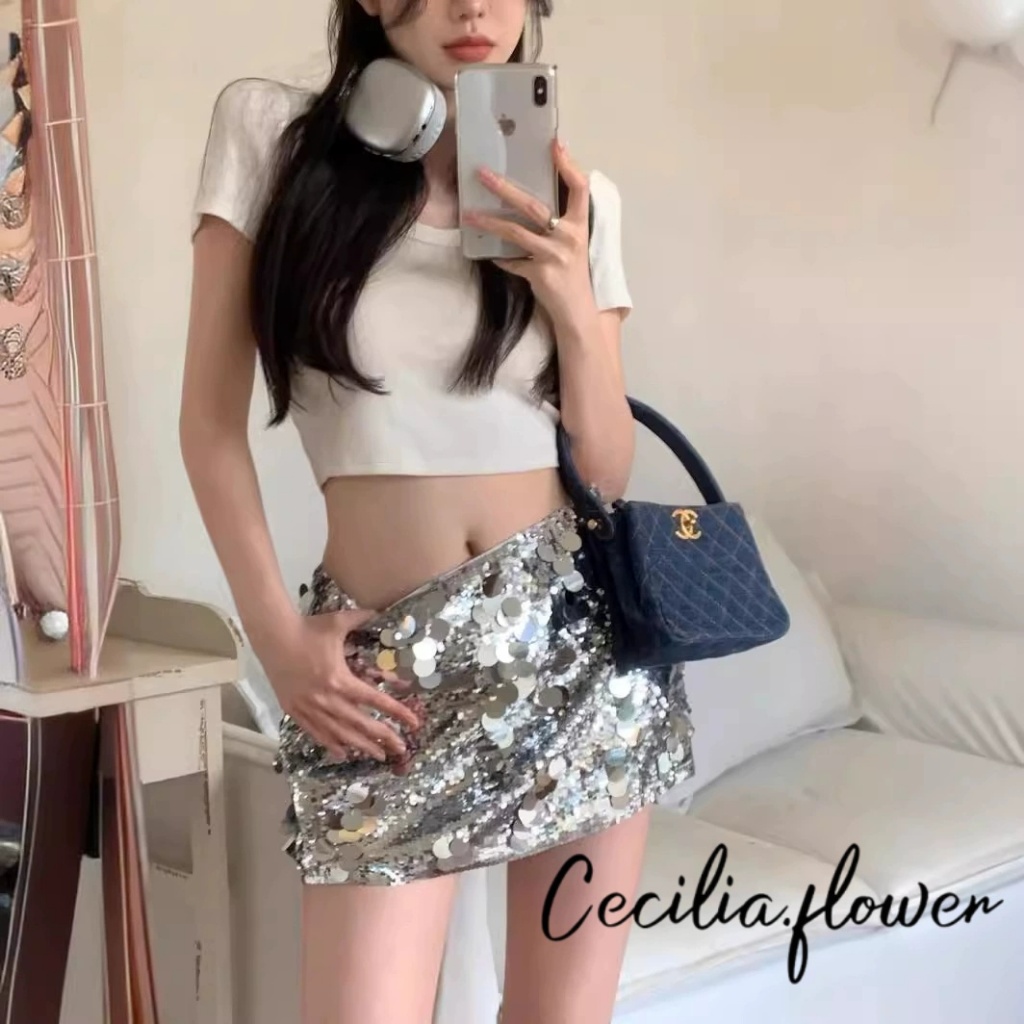ผู้หญิงกระโปรงเลื่อมเงาฤดูร้อนสบายๆยืดหยุ่นmini A-LineสําหรับBeaches Club Streetwear