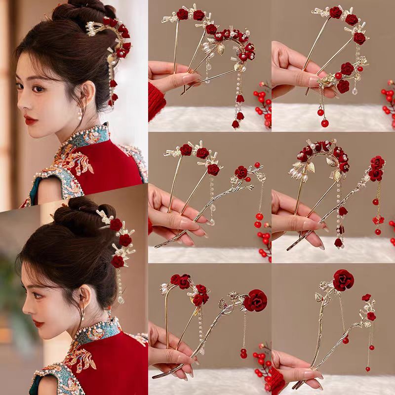 COD💌💌กิ๊บหนีบผม สไตล์จีนปิ่นปักผม เครื่องประดับผมเจ้าสาว ดอกบ๊วย สีแดง สไตล์จีนโบราณ ระดับไฮเอนด์ สำหรับผู้หญิง เหมาะกับของขวัญ-Aidderse