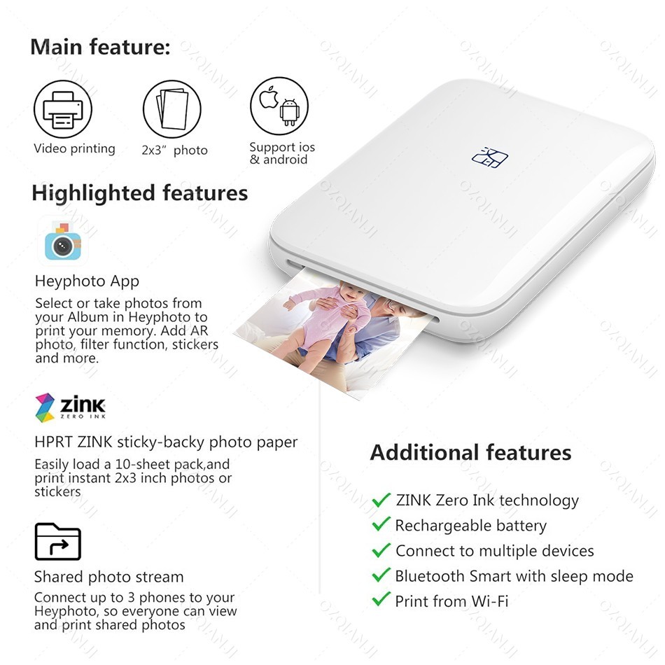 HPRT MT53 เครื่องพิมพ์ภาพถ่ายสี การพิมพ์ภาพถ่ายสีขนาด 2x3 นิ้ว Bluetooth รองรับ Android และ iOS