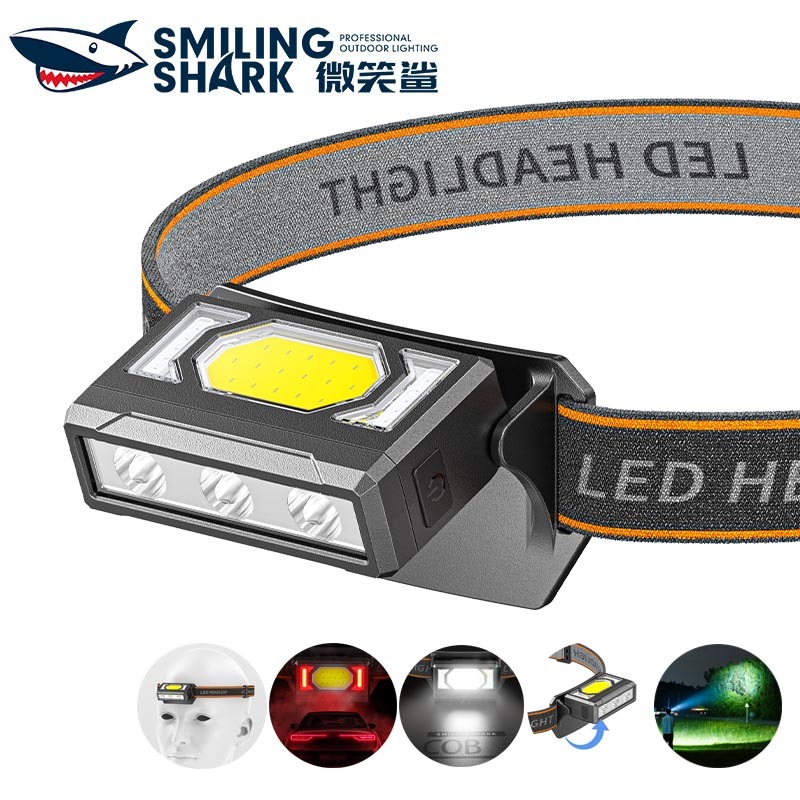 SmilingShark TD0221 ไฟคาดหัว ไฟฉายคาดหัว LED มินิ LED+COB แสงสีขาว/สีแดง ปรับได้ 90° ไฟฉายคาดหัว ซุปเปอร์ไบรท์ ไฟหน้า 8โหมด Type-C ชาร์จใหม่ได้ กันน้ำสำหรับเดินป่าตั้งแคมป์