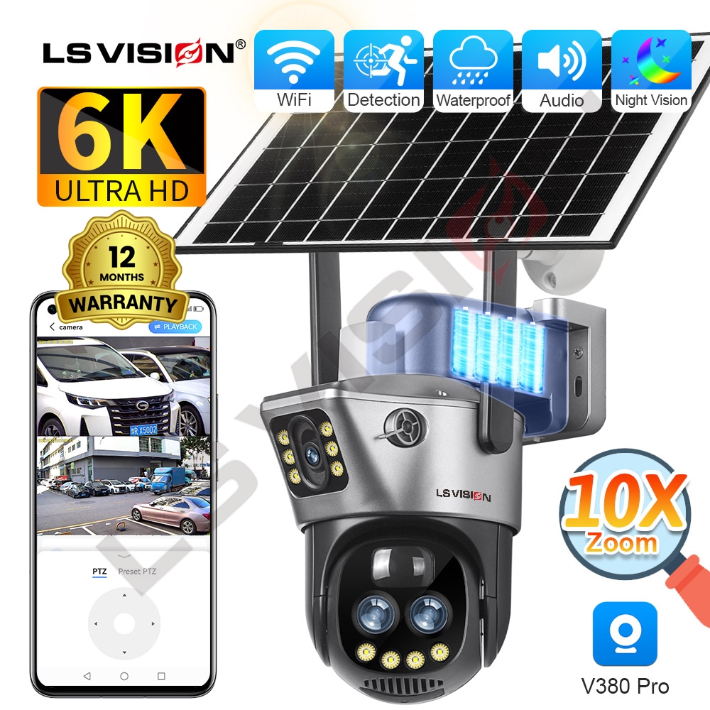 Ls VISION 6K กล้องพลังงานแสงอาทิตย์ solar camera 12MP V380 Pro 4G/WiFi 10X ZOOM ซิมหน้าจอคู่กลางแจ้ง WiFi แบตเตอรี่พลังงานแสงอาทิตย์กล้องวงจรปิด IP Camara Alarm การติดตามมนุษย์