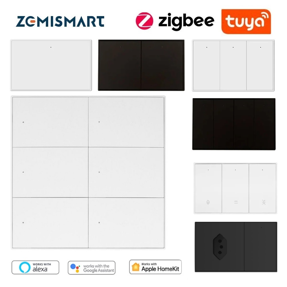 Zemismart Zigbee Neutral Light สวิทช์ 1/2/3/4/6Gang คอมโพสิตสวิทช์/2gang + 10A Outlet/20A ซ็อกเก็ต/ผ้าม่าน Interruptor Alexa Siri Voice APP จับเวลา Homekit ผ่าน M1/M6 Matter Hub