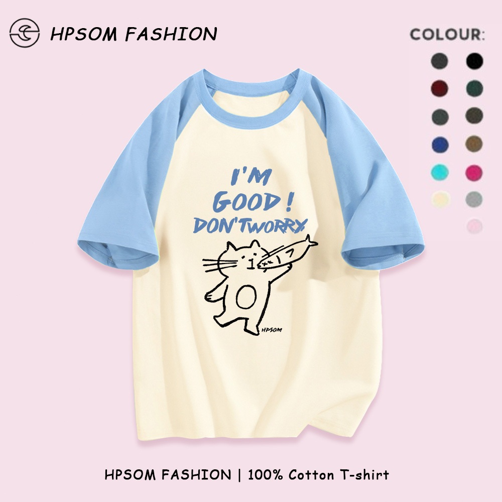 HPSOM เสื้อยืด oversize ลายแมวตัวเล็กกินปลา ทำจากผ้าคอตตอน 100%- Printed T-shirt