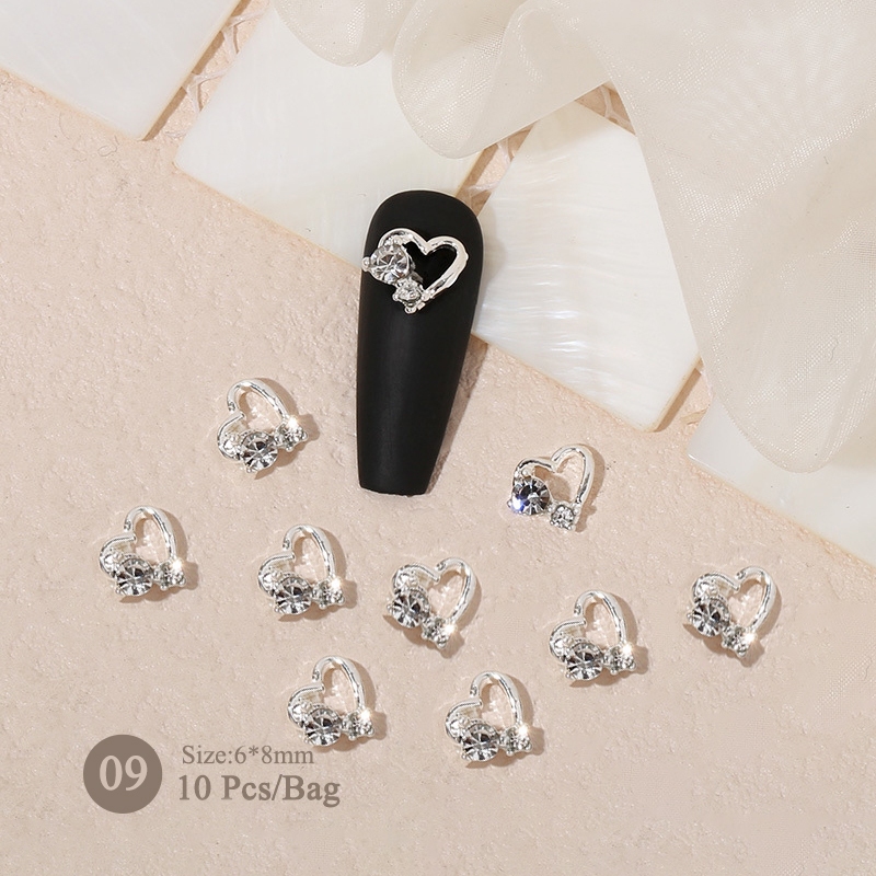 Ur SUGAR 10 ชิ้น Silver Heart Alloy Nail Pearl Rhinestones 3D ตกแต่งเล็บ