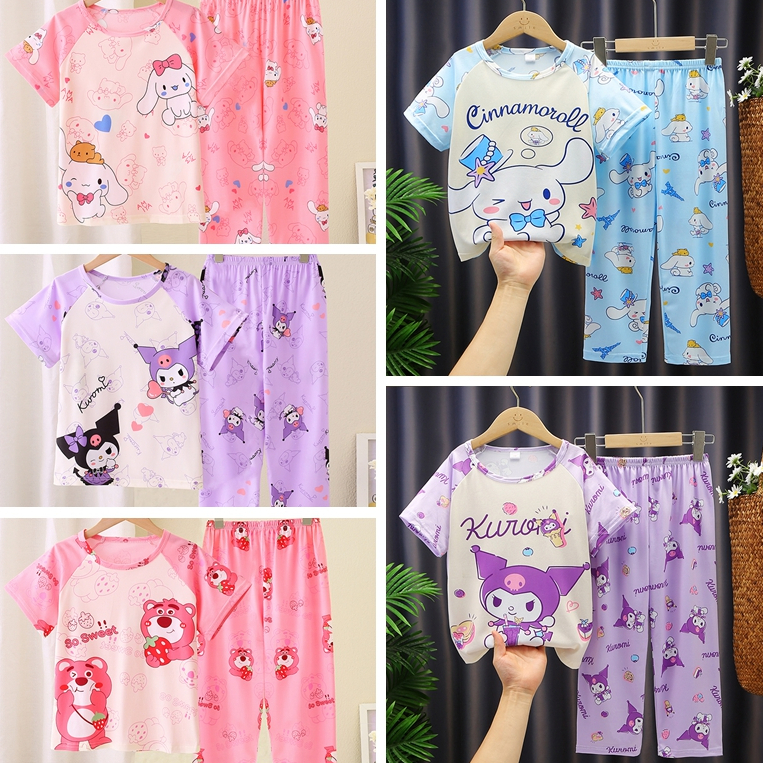 👕หญิง ลายการ์ตูนน่ารัก ชุดนอนเด็กหญิง เสื้อแขนสั้น+กางเกงขายาว