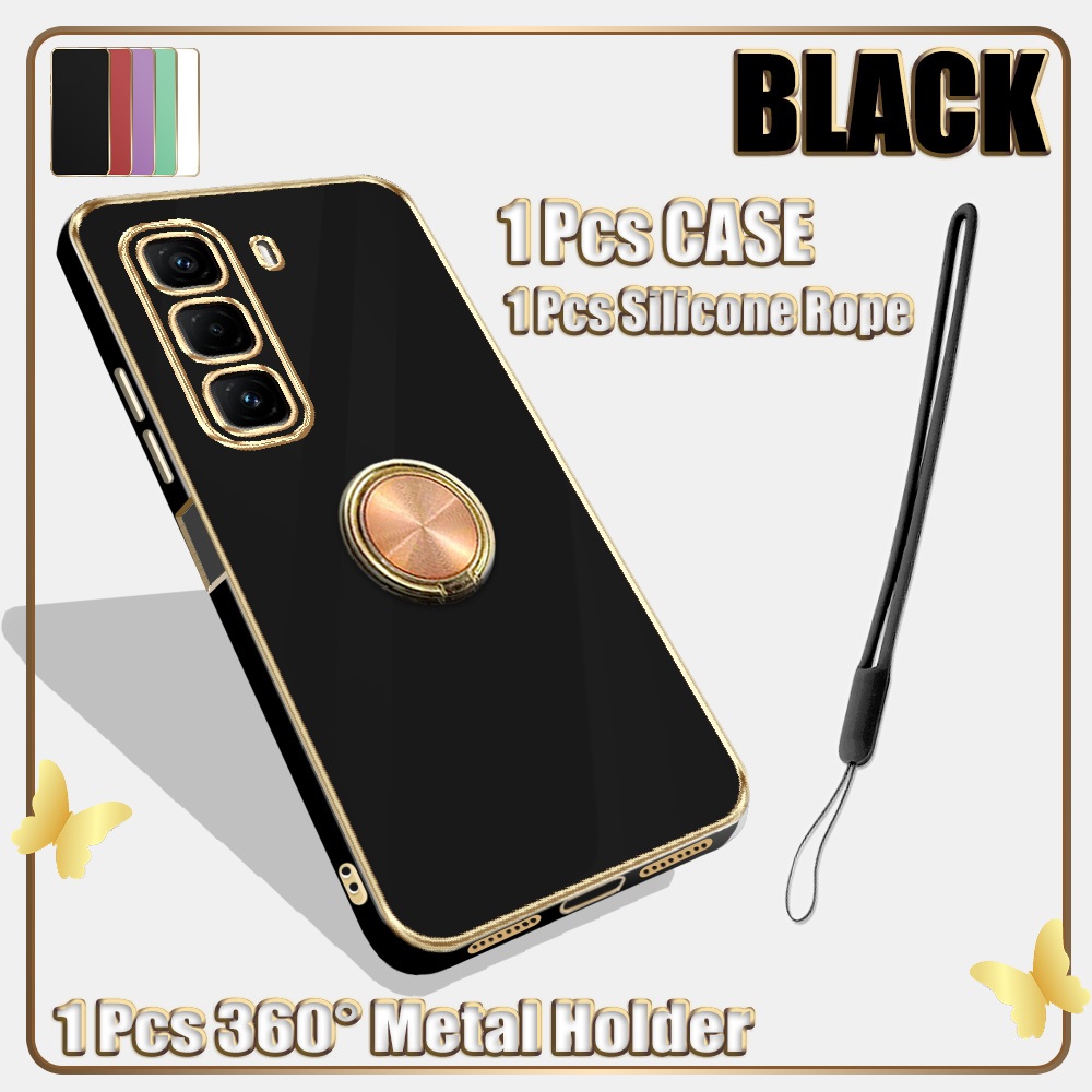 สําหรับ Infinix Hot 50 Pro Plus Hot 50 Pro + 4G X6880 Electroplated Straight Edge Case 360°ที่วางขาตั้งแหวนโลหะมือถือและเชือกเส้นเล็กซิลิโคน