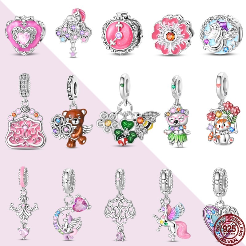 925 เงินสเตอร์ลิง Rose Bear จี้จี้ 925 เงินสร้อยข้อมือผู้หญิง DIY เครื่องประดับของขวัญ