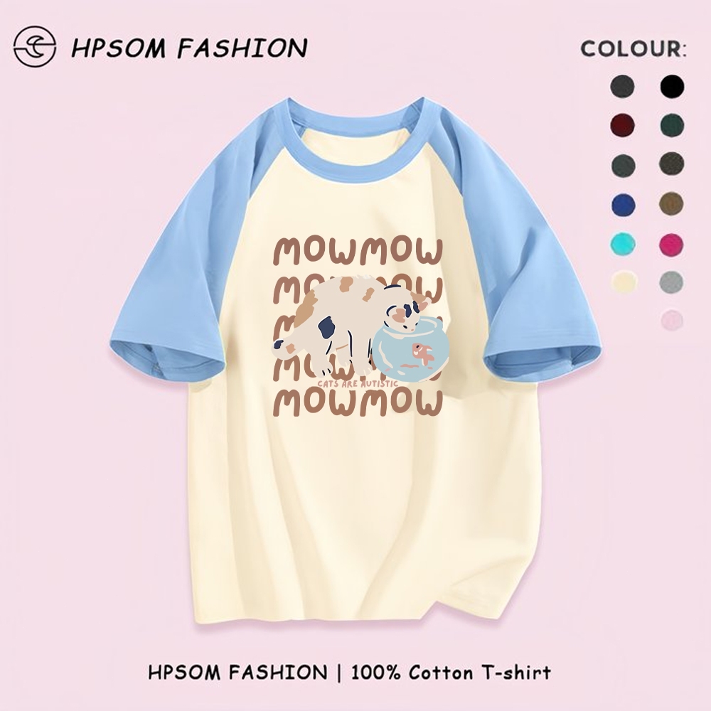 HPSOM เสื้อยืด oversize ลายแมวดื่มน้ำ ทำจากผ้าคอตตอน 100% เหมาะสำหรับผู้หญิง