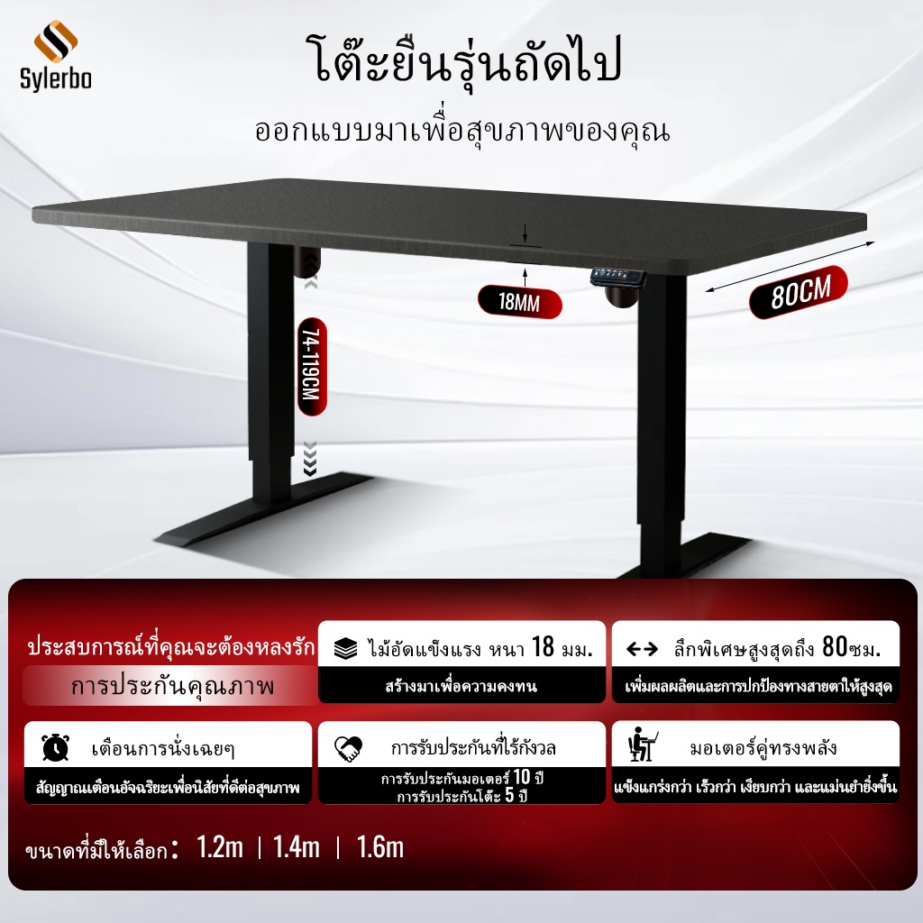 SYLERBO โต๊ะทำงานไฟฟ้าปรับความสูงได้แบบมอเตอร์คู่, ท็อปไม้ไพลินหนาและกว้าง 18 มม., โต๊ะออกแบบตามหลักสรีรศาสตร์แบบสองคานสำหรับเล่นเกมและสำนักงานที่บ้าน