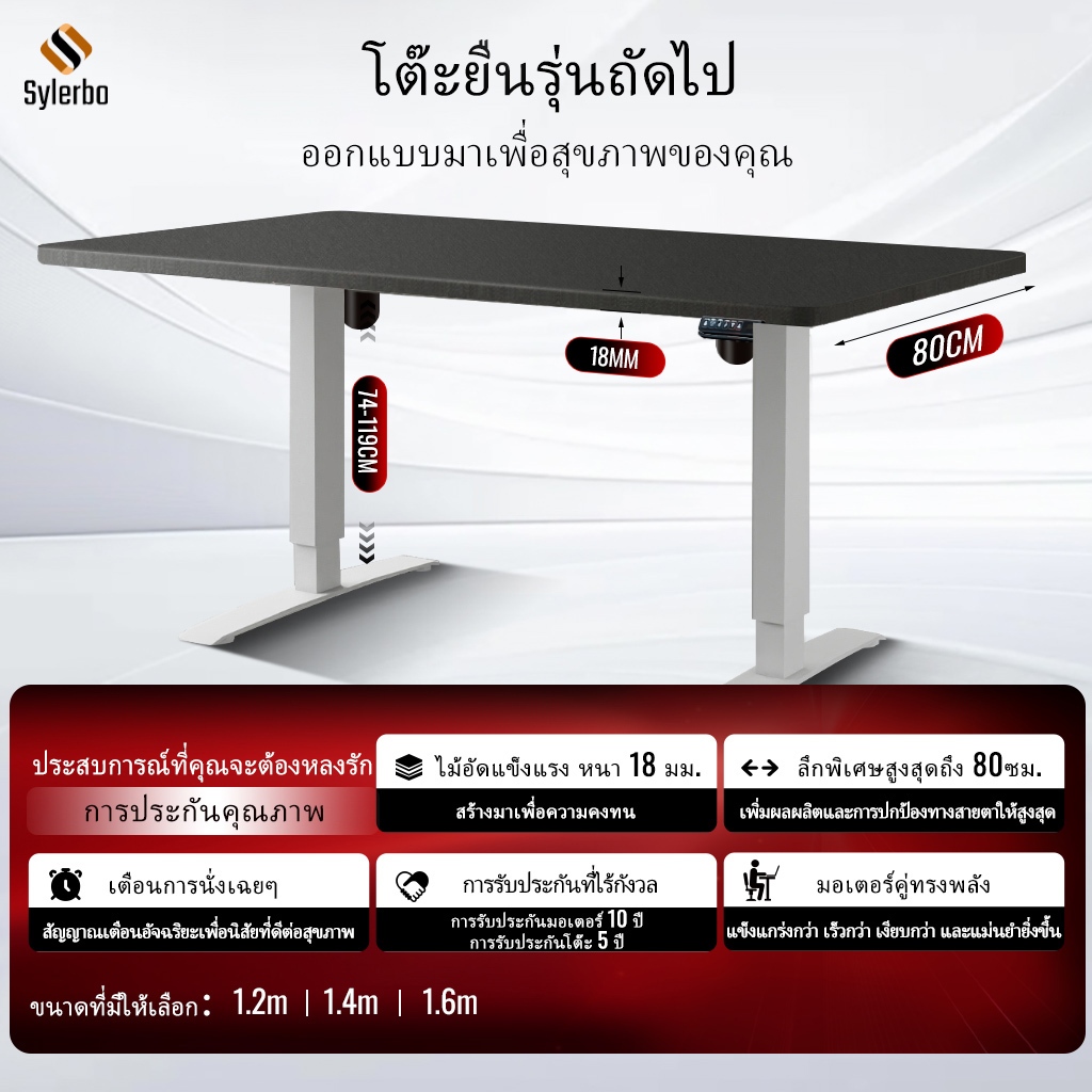 SYLERBO โต๊ะทำงานไฟฟ้าปรับความสูงได้แบบมอเตอร์คู่, ท็อปไม้ไพลินหนาและกว้าง 18 มม., โต๊ะออกแบบตามหลักสรีรศาสตร์แบบสองคานสำหรับเล่นเกมและสำนักงานที่บ้าน