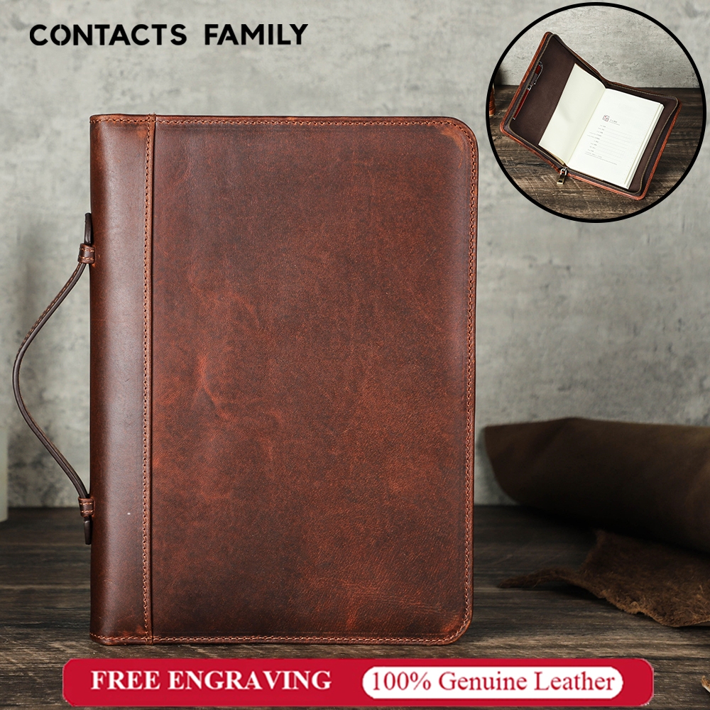 CONTACTS FAMILY A5 Notepad ผู้ถือ Full Grain หนัง Portfolio สําหรับทํางาน Legal Padfolio โฟลเดอร์โน้ตบุ๊คแบบพกพาซิปปิดและจับ