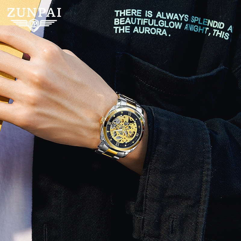 ZUNPAI นาฬิกา สำหรับผู้ชาย กลไกอัตโนมัติ กันน้ำได้ นาฬิกาแฟชั่นสแตนเลส ชุดของขวัญสำหรับผู้ชาย