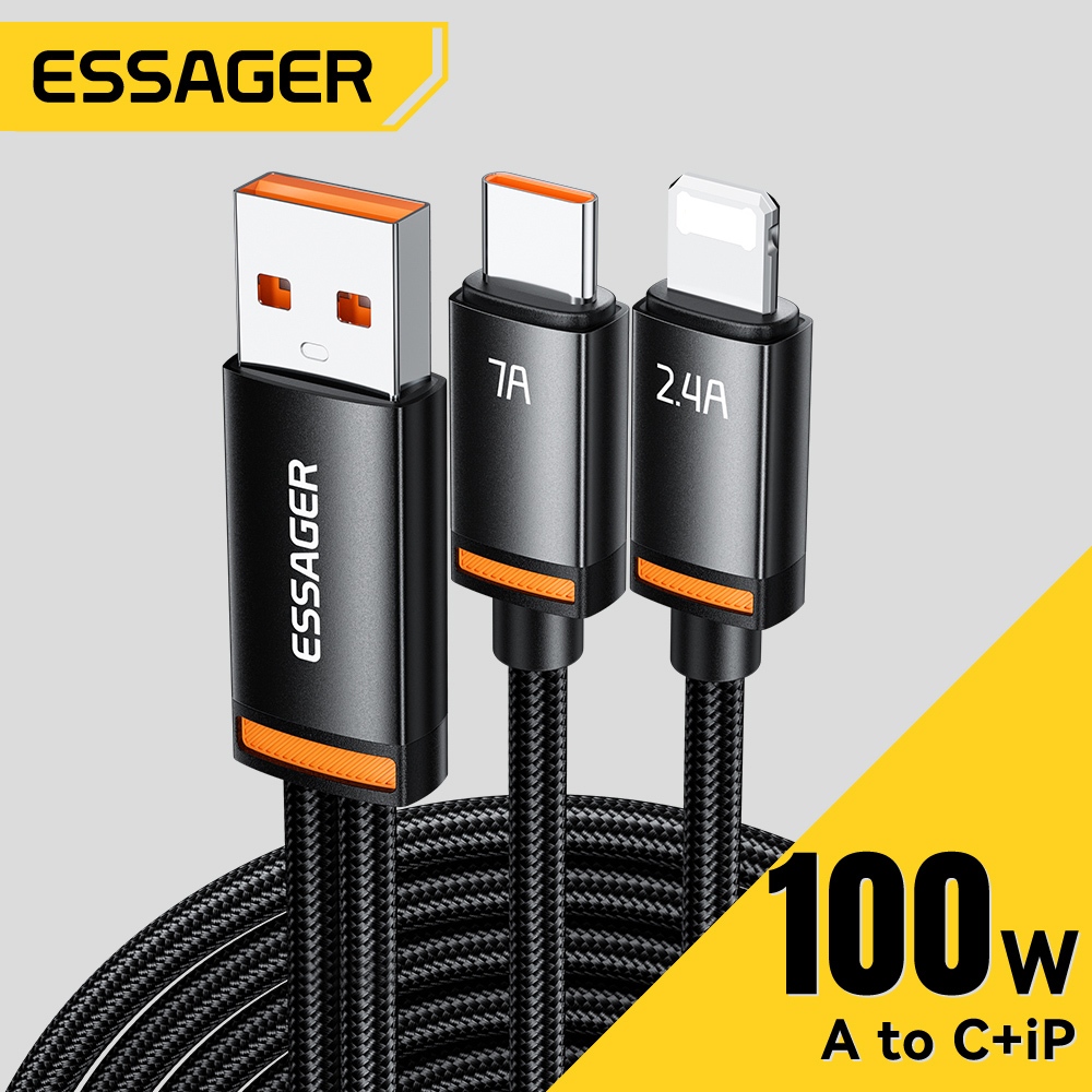 Essager B 100W USB To C + L 2 In 1 Fast Charging Data Cable สําหรับพอร์ต Type C และพอร์ต ip ใช้งานร่วมกับ ip Huawei Honor