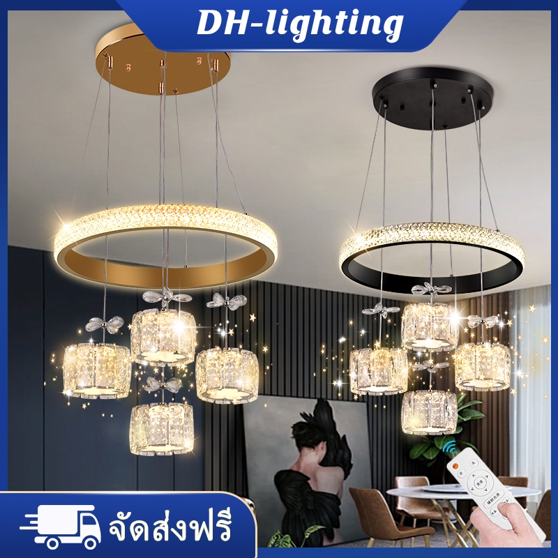 โคมไฟระย้าคริสตัลใหม่ โคมไฟระย้าห้องนั่งเล่นที่ทันสมัย นํา โคมไฟเพดานในร่ม โคมไฟระย้ามินิมอล โคมไฟระย้ารีโมทคอนโทรลสามสี