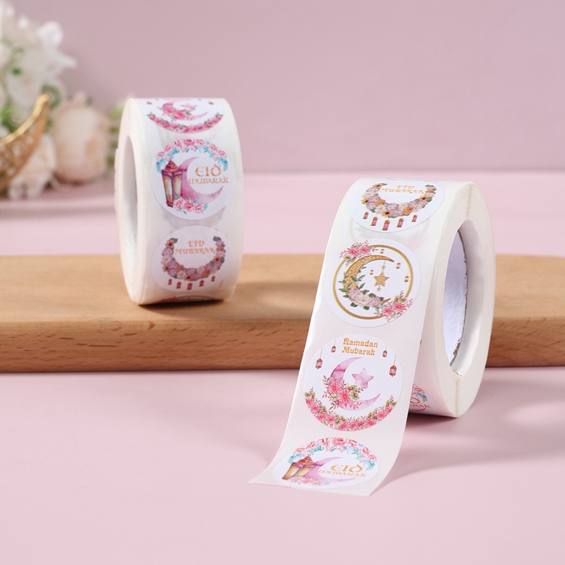 500pcs Ramadan Kareem สติกเกอร์สีชมพู Hari Raya ตกแต่ง 2025 มุสลิมตกแต่ง Eid Mubarak สติกเกอร์แท็กของขวัญสําหรับ Eid Party Decor Ramadan Party Supplies