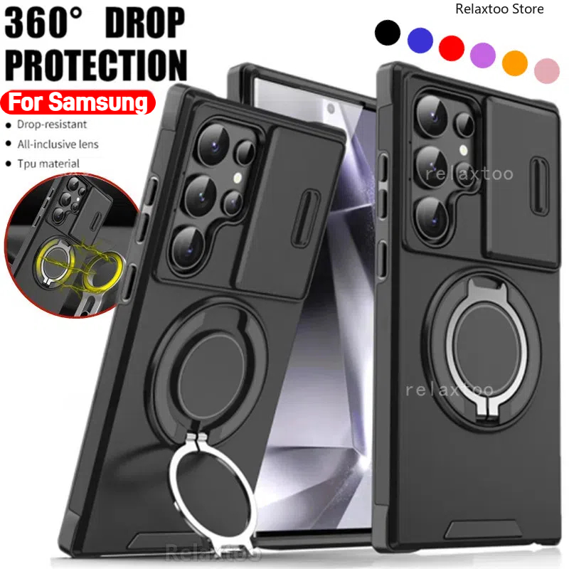 Casing For Samsung Galaxy S26 S25 S24 S23 Ultra Plus FE Edge S25+ S25Ultra S26Ultra S26FE S26+ 5G Shockproof Phone Case Metal Armor Ring Bracket Stent Back Push Camera Lens Privacy Protect Holder Back Cover