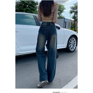 Unique Simple High-Waisted Straight Jeans Women Retro Blue All-Match Slimmer Look Wide-Le