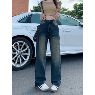 Unique Simple High-Waisted Straight Jeans Women Retro Blue All-Match Slimmer Look Wide-Le