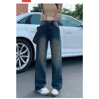Unique Simple High-Waisted Straight Jeans Women Retro Blue All-Match Slimmer Look Wide-Le