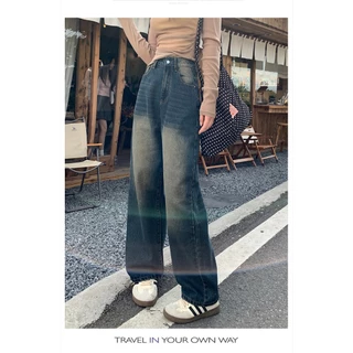 Unique Simple High-Waisted Straight Jeans Women Retro Blue All-Match Slimmer Look Wide-Le
