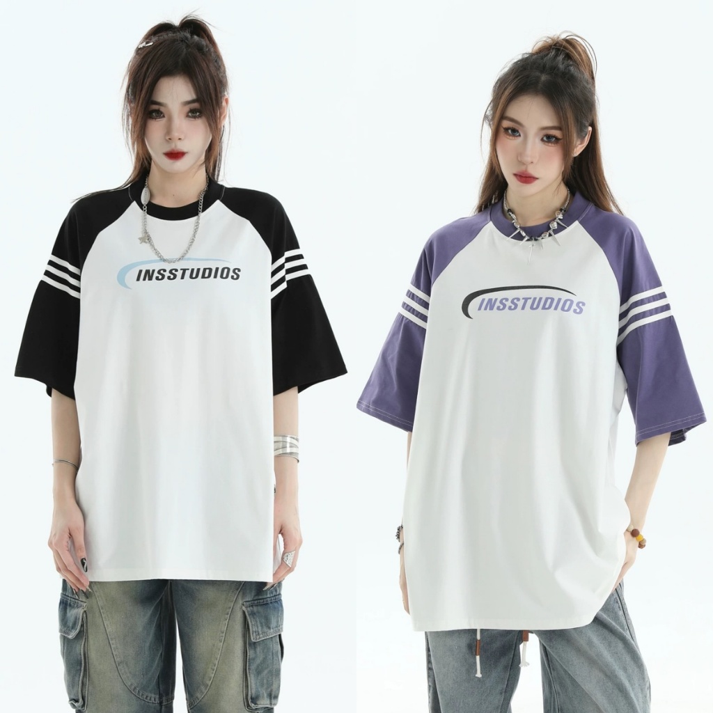 ProMan-ชุดคู่รักสไตล์อเมริกันวินเทจ  เย็บลายทาง  เสื้อยืดคอกลม  แบบหลวม  แฟชั่น  พิมพ์ลายตัวอักษร