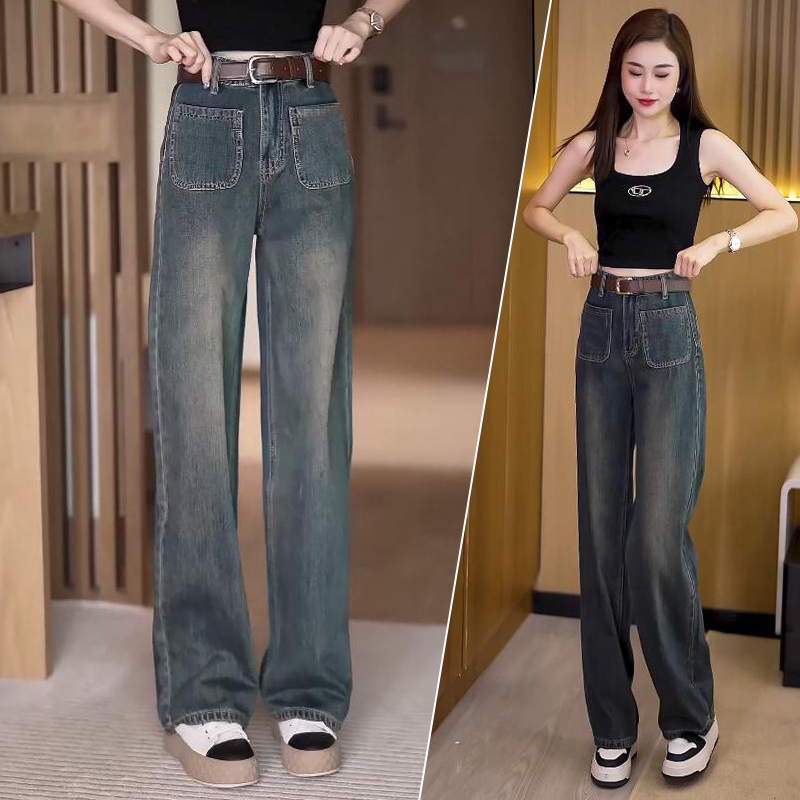Retro เอวสูงกางเกงยีนส์ขากว้างผู้หญิงฤดูใบไม้ผลิฤดูใบไม้ร่วงสไตล์ใหม่หลวม Slimmer ดูตรงชั้น Mopping กางเกง