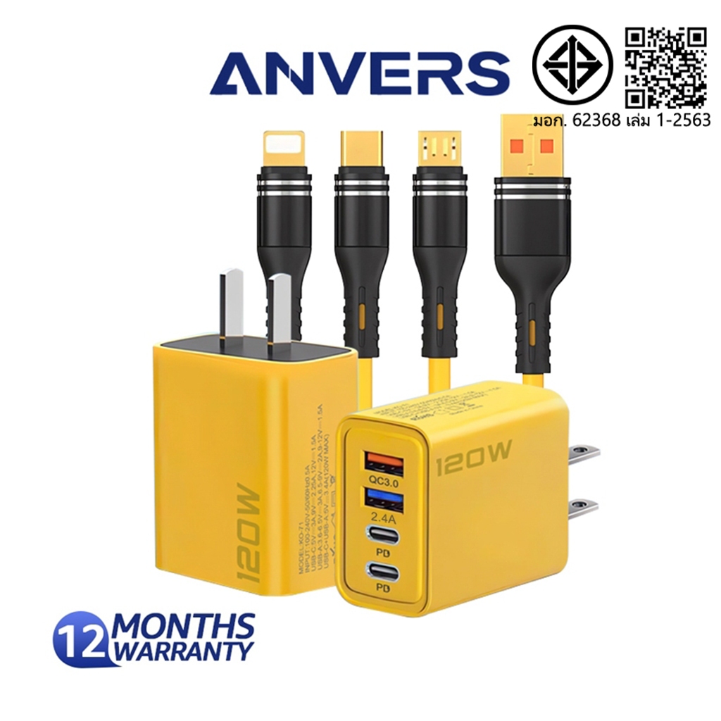 🔥ส่งฟรี🔥120W ชุดชาร์จเร็ว PD หัวชาร์จ+สายชาร์จ QC 3.0 Quick charging 2PD + 2USB Adapter สําหรับ Li 15 14 13 Micro TYPE-C【1ปี】