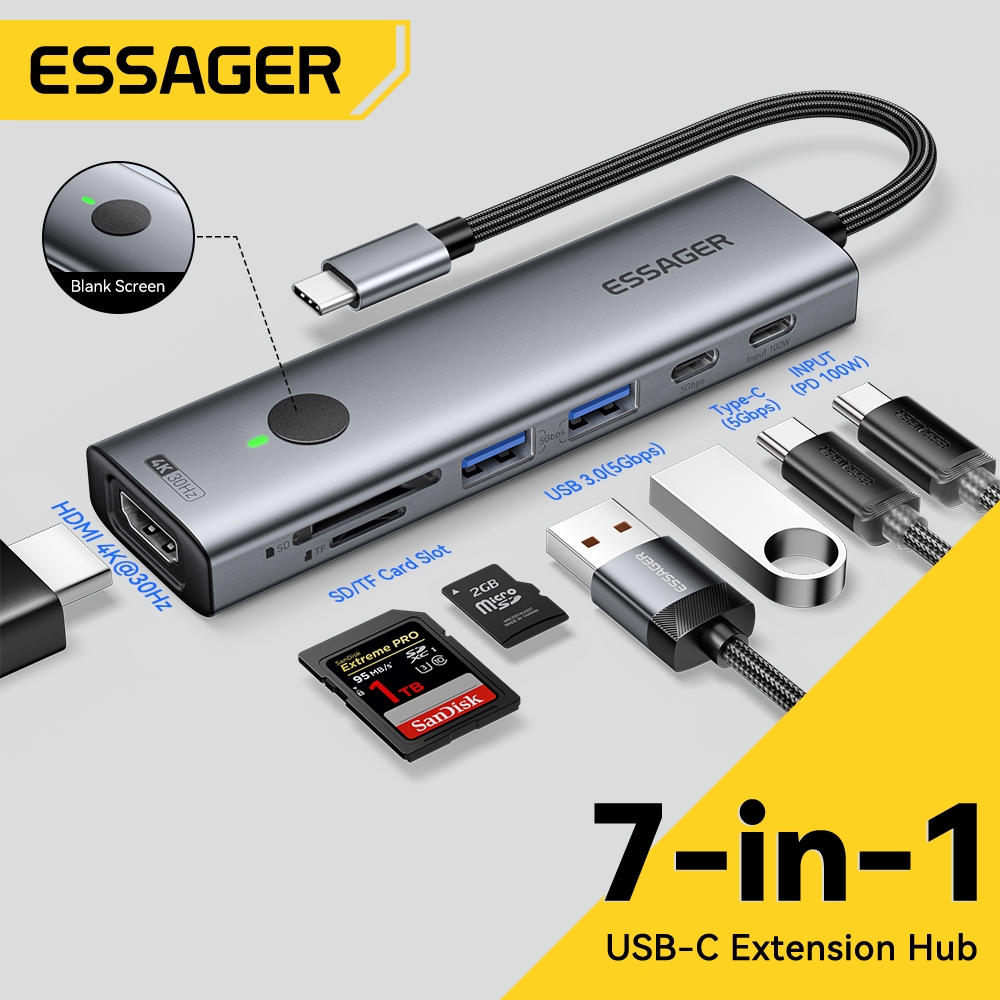 Essager 7-IN-1USB3.0 ประเภท C HUB ถึง HDMI SD TF USB-A TypeC Multi-function Docking Station สําหรับโทรศัพท์แท็บเล็ตคอมพิวเตอร์