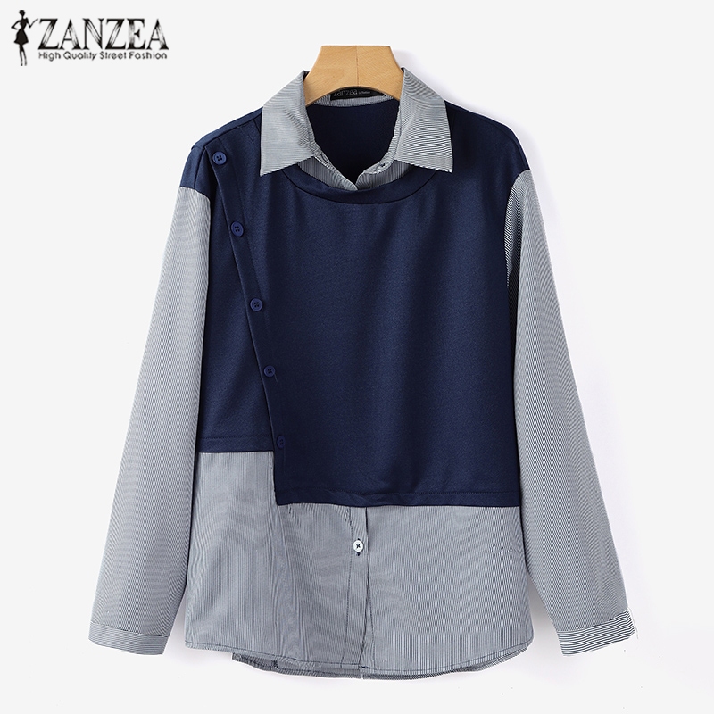 Zanzea เสื้อเชิ้ตปุ่มแขนยาวลายทางลําลองสตรีวินเทจ