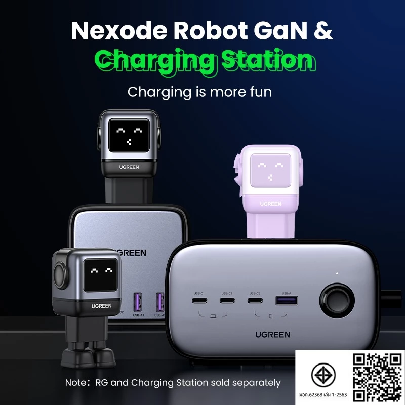 UGREEN Uno RoboGaN 65W USB C USB A Charger Mini Robot Nexode 3 พอร์ต GaN Fast Charger สําหรับ iPhone 18 Pro Max iPhone Duo iPhone 17 Pro Max iPhone 16 Pro Max 15/15 Pro Max 14/14 Pro Max/Macbook Air/iPad Pro/iPad Mini thumbnail 3