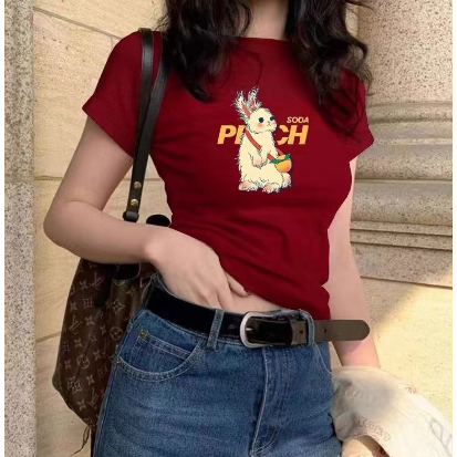 LindaBaby 100% Cotton T-shirt เสื้อยืด เสื้อ baby tee เสื้อยืดคอกลม สีแดง ลายกระ