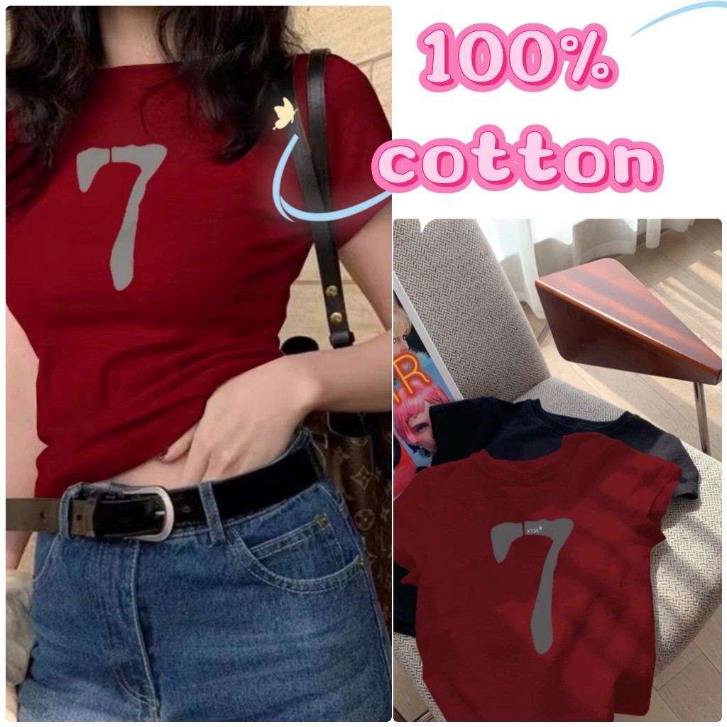 LindaBaby 100% Cotton T-shirt เสื้อยืด เสื้อ baby tee เสื้อยืดคอกลม สีกรมท่า ลายเลข 7 ดีไซน์เก๋ ใส่สบาย
