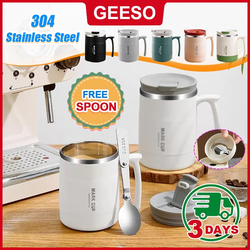 GEESO แก้วกาแฟความร้อนพร้อมช้อนผนังคู่สแตนเลสเครื่องดื่มเย็นแก้วโลหะชานม多用马克杯