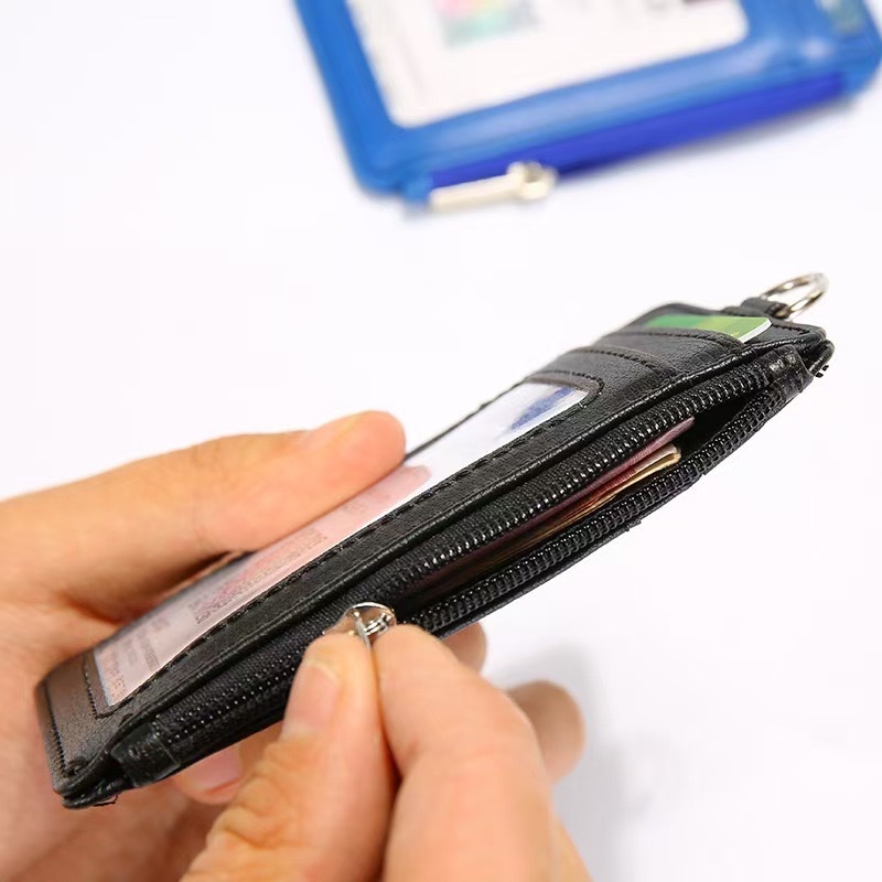 หนังผู้ถือบัตรทํางานใบอนุญาตทํางานผู้ถือบัตรป้ายหลายบัตรสล็อตที่สําคัญแหวนหดหัวเข็มขัดเชือกเส้นเล็กเปลี่ยนผู้ถือบัตรกระเป๋าสตาง