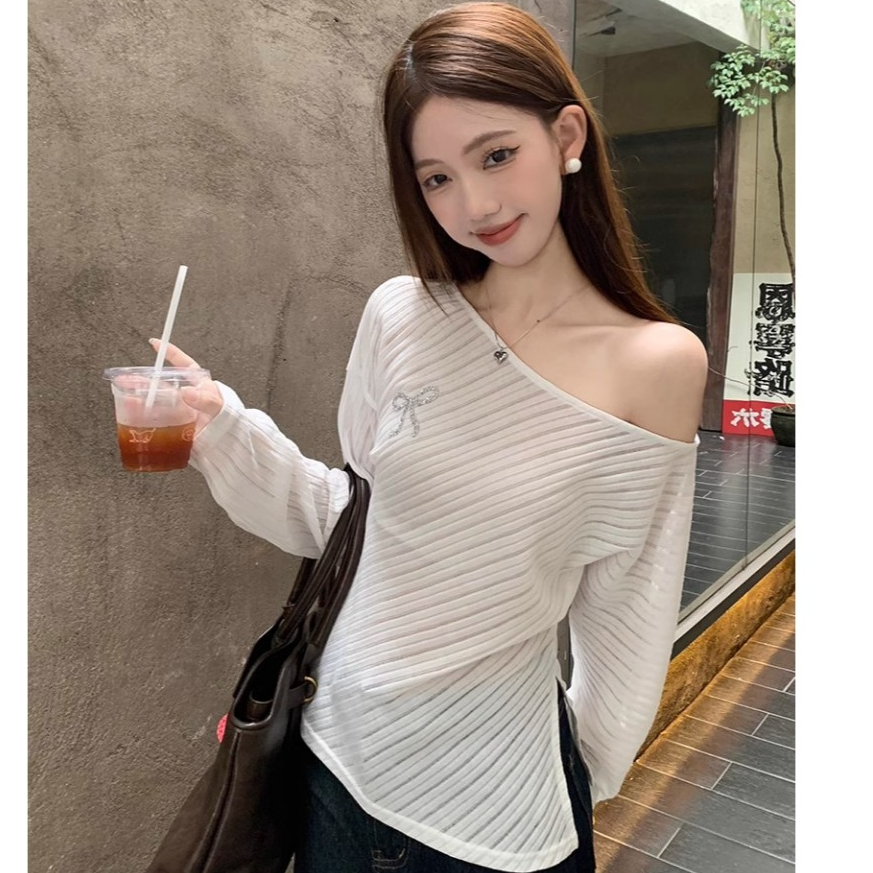 เสื้อยืดแขนยาวเกาหลี, เสื้อผ้าผู้หญิงกันแดดหลวม, เสื้อปาดไหล่