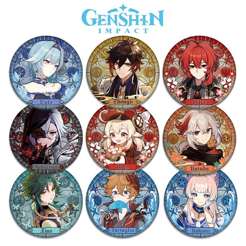 เกม Genshin Impact Xiao Furina Klee Zhongli Scaramouche เกมป้ายปุ่มเข็มกลัด Pins คอสเพลย์คอลเลกชันของเล่นกระเป๋าตกแต่งของขวัญ