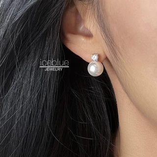 iceblue-ต่างหูติดหูลูกมุกประดับคริสตัล ดีไซน์ละเอียดอ่อน สง่างาม ไม่ก่อภูมิแพ้ กันน้ำ กันเหงื่อ ไม่ซีดสี สำหรับสุภาพสตรี E37