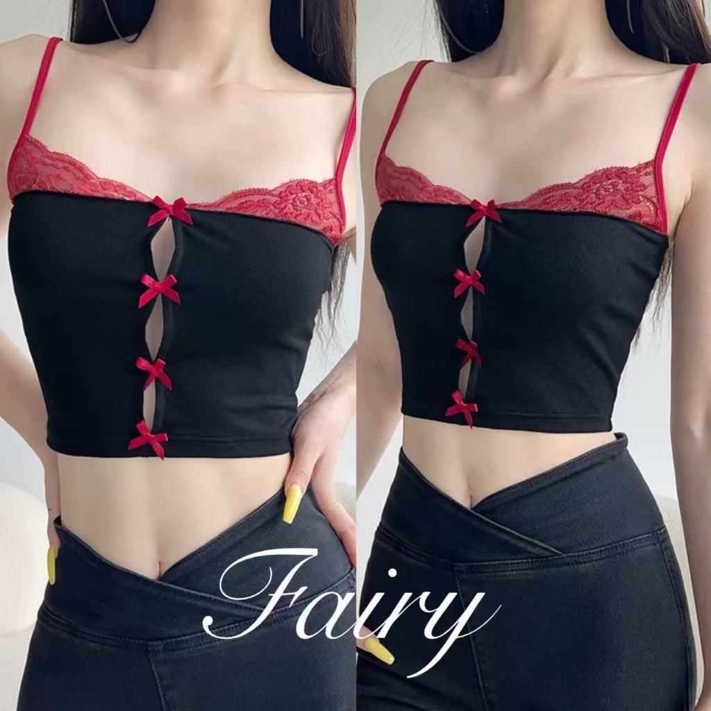 Fariy🍒คลังสินค้าพร้อม🍒สาวเซ็กซี่ลูกไม้เย็บปลอมสองชิ้นตัดกันเสื้อชั้นในกลวงกลวงอเนกประสงค์ลดน้ำหนัก