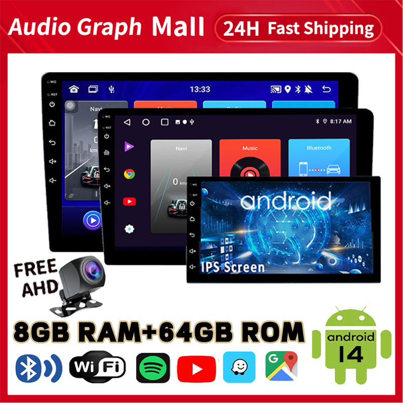 จอ android รถยนต์ 【8G+64G 1280*720】 วิทยุติดรถยนต์ แอนดรอยด์ 14 เครื่องเล่นวิทยุ FM GPS Wifi บลูทูธ 
