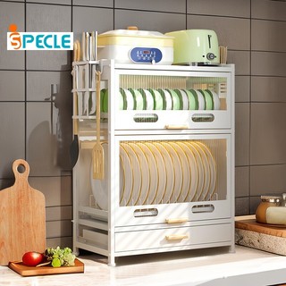 iSPECLE Dish Rack Kitchen Cabinet Organizer Storage Sideboard Cupboard Microwave Stand Cabon Steel With Cover