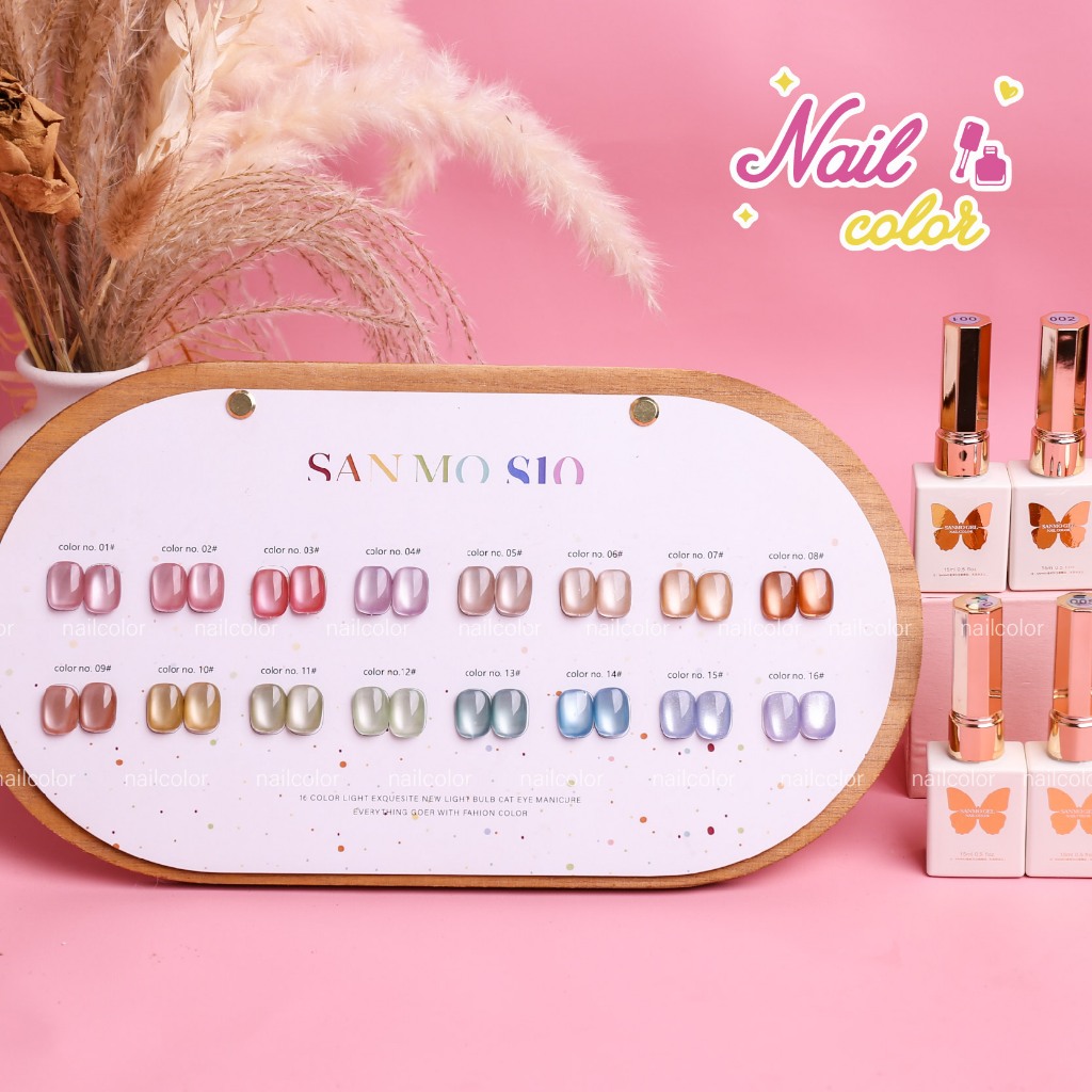 [คลังสินค้าพร้อม] Sanmo16 สี Water Gloss Cats Eye Nails Set (กาวยาทาเล็บสีฟรี) ผงแม่เหล็ก สว่างมาก ละเอียดอ่อน