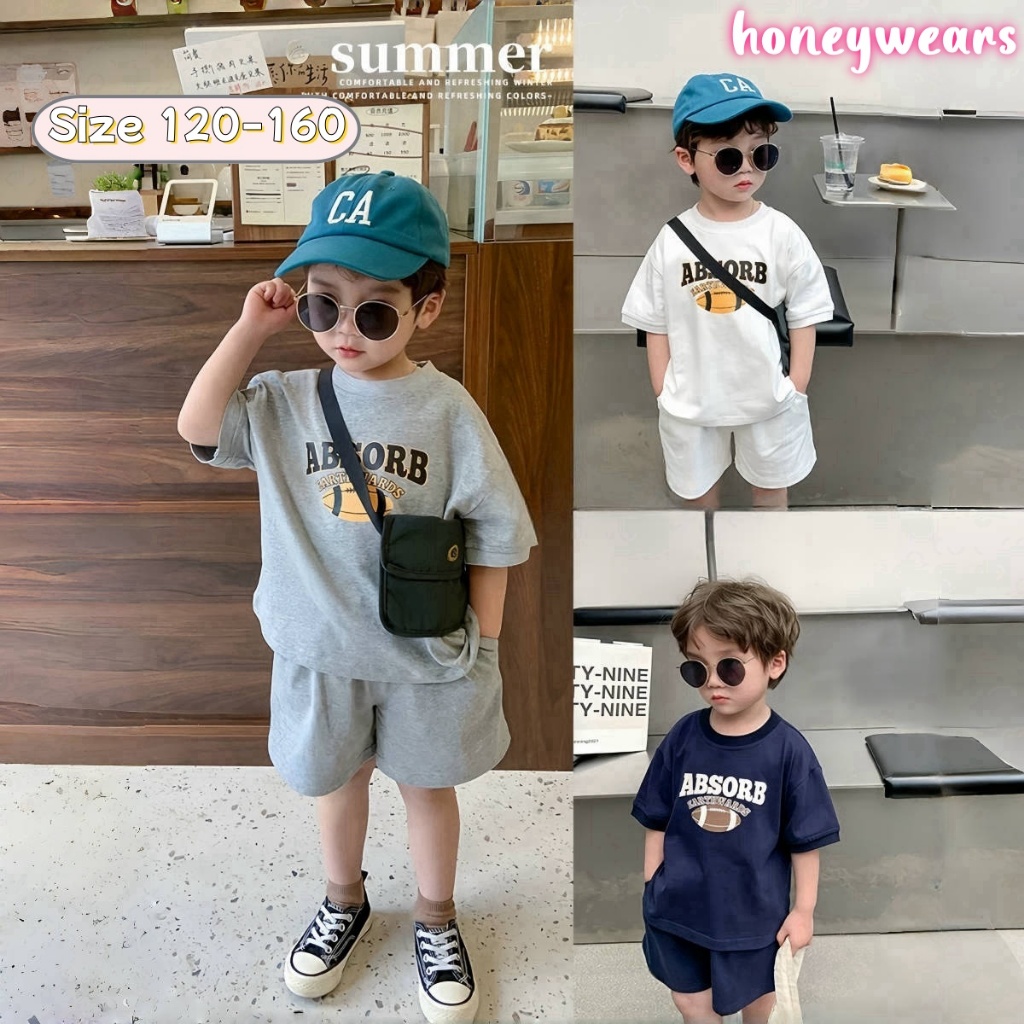 honeywears⚡️พร้อมส่ง⚡️ชุดเซ็ทแขนสั้นเด็กผู้ชาย เสื้อยืดเด็กลายอักษรฤดูร้อนน่ารักกางเกงขาสั้น ลำลองใส่สบาย ไซส์ 120-160