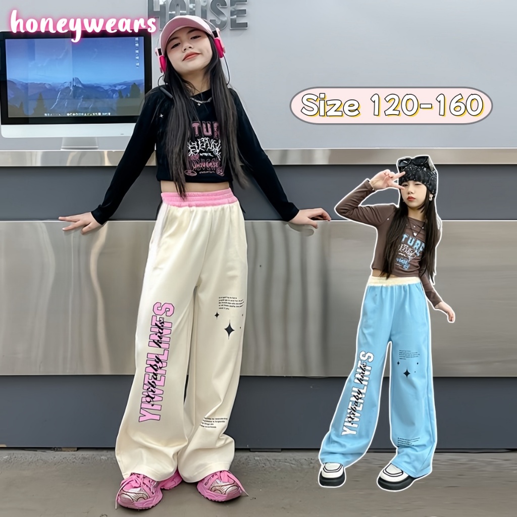 honeywears⚡️พร้อมส่ง⚡️ชุดเด็กผู้หญิงฮิปฮอป เสื้อแขนยาวกางเกงลำลองขากว้าง อินเทรนด์เท่ๆ ชุดสองชิ้น ไซส์ 120-160