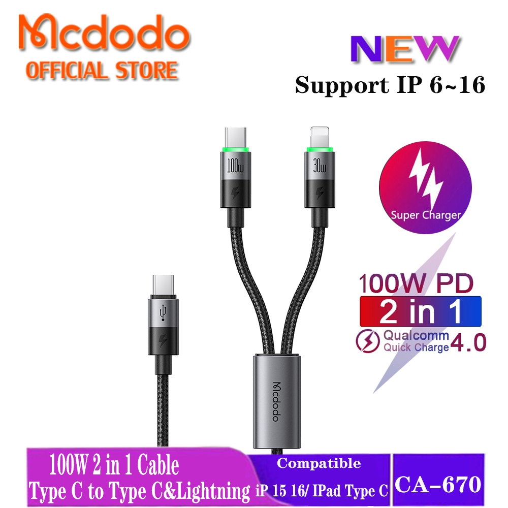 Mcdodo100w 2-in-1 Super Fast สายชาร์จ Type C ถึง Type C & Lightning สําหรับ iP 16 Pro Max 15 14 13 12 11 Xr 8 7 6s CA-670 674