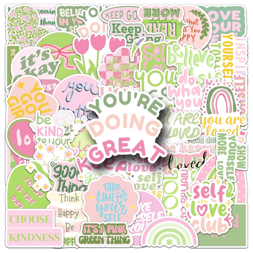 50 ชิ้นตลกแรงบันดาลใจภาษาอังกฤษสีชมพูสติกเกอร์สําหรับโทรศัพท์แล็ปท็อปหมวกกันน็อคสติกเกอร์กราฟฟิตีกันน้ําสร้างสรรค์ ทําเอง