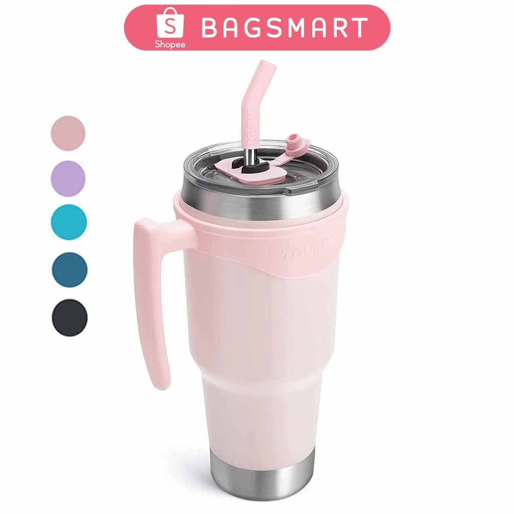 BAGSMART แก้วเก็บความร้อนสูญญากาศสแตนเลส 1200 มล พร้อมหูจับและหลอดดูด ถ้วยกาแฟ 40 ออนซ์