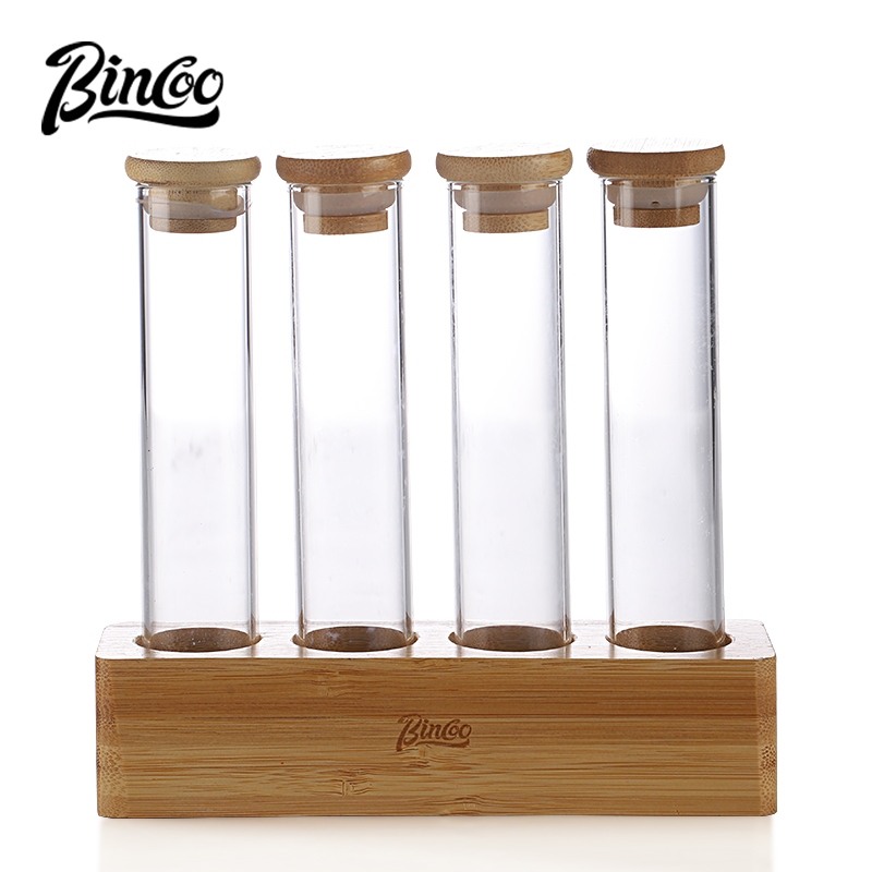 Bincoo หลอดเมล็ดกาแฟฐานไม้ไผ่แก้ว Borosilicate ถังเมล็ดกาแฟ ที่วางเมล็ดกาแฟ