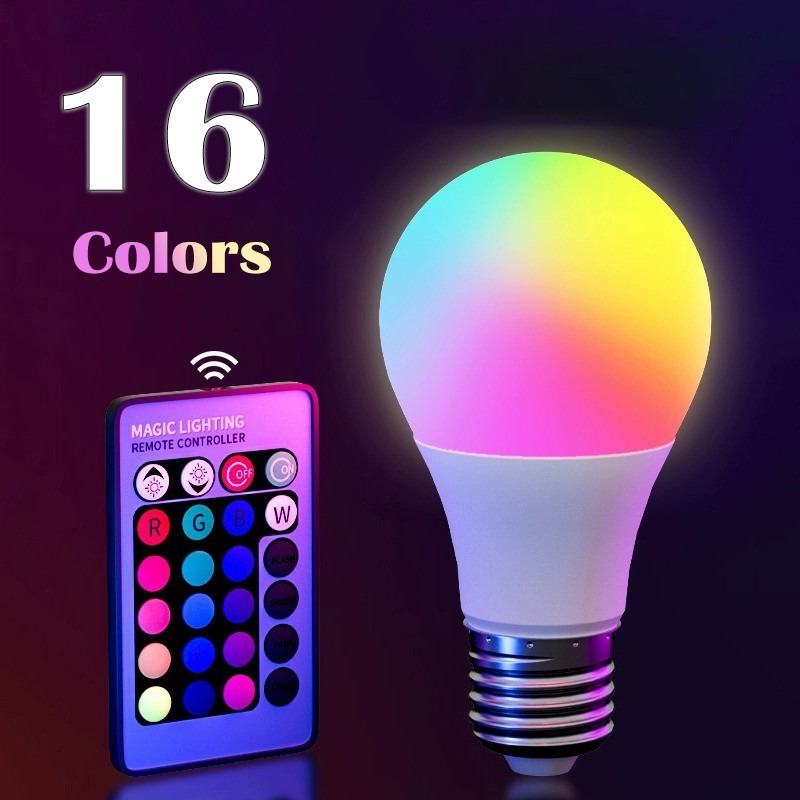 16 สี RGB หลอดไฟ LED หลากสี หลอดไฟ E27 ฐาน 220V แสงในครัวเรือนหรี่แสงได้ 24 คีย์รีโมทคอนโทรลบรรยากาศแสงนีออน